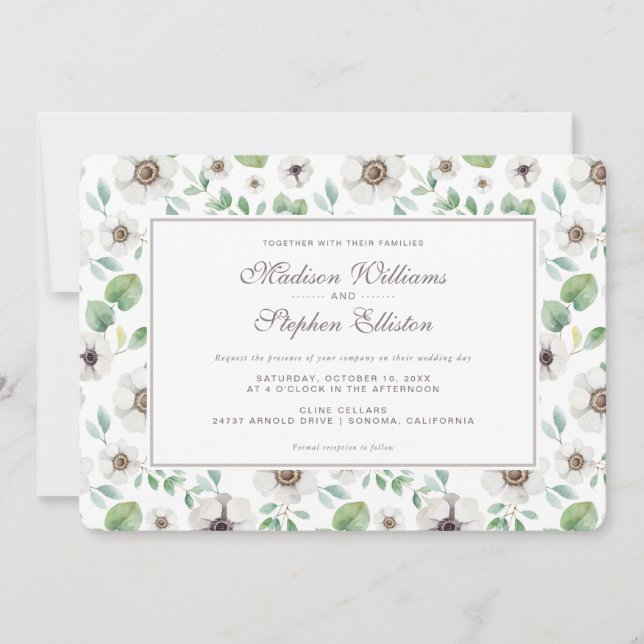 Convite Aquarela Floral | Anêmona Branca - Casamento (Frente)