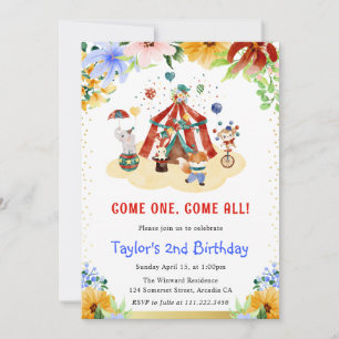 Convite Aquarela Floral Animais de Circo Fofos Aniversário