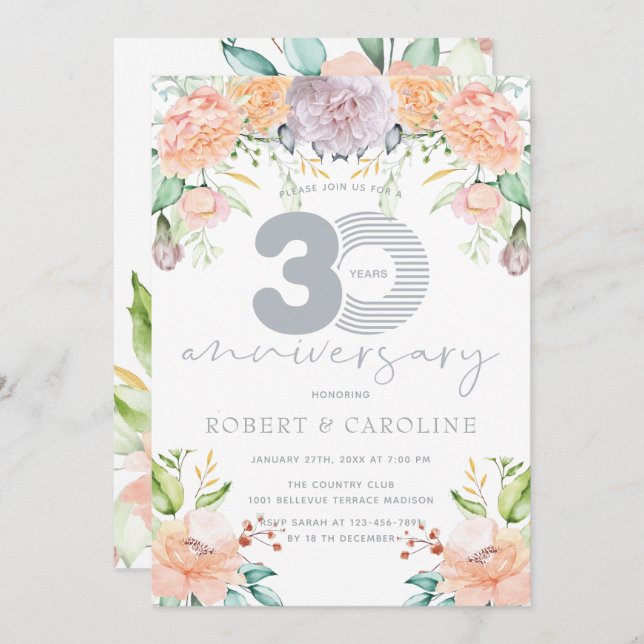 Convite Aquarela Floral Aniversário de 30 Anos de Casament (Frente/Verso)