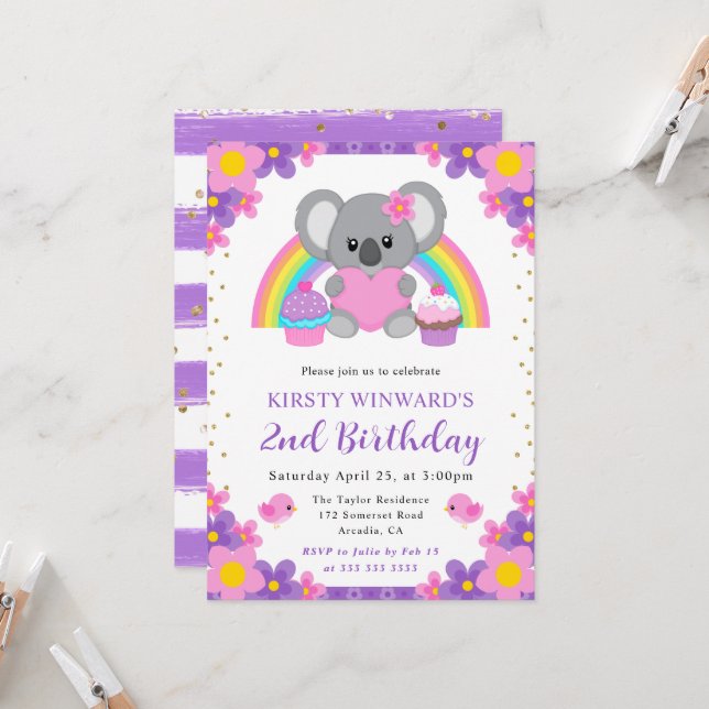 Convite Aquarela Floral Arco-Íris Koala Aniversário (Frente/Verso In Situ)