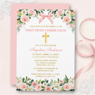 Convite Aquarela Floral Arco Rosa Dourado Primeira Comunhã
