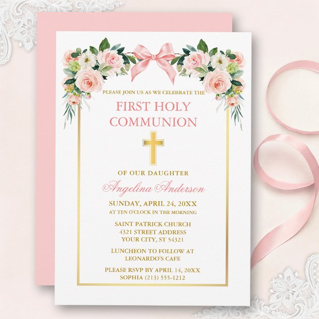 Convite Aquarela Floral Arco Rosa Quadro Dourado Primeira  (Customize to change text color, size, style or to change color of back of card.)
