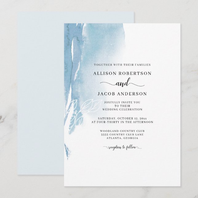 Convite Aquarela Floral Azul Branco Casamento Chic (Frente/Verso)