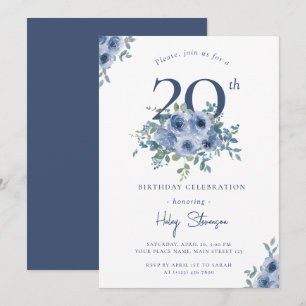 Convite Aquarela Floral Azul Empoeirado 20º Aniversário Ch