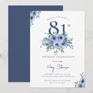 Convite Aquarela Floral Azul Empoeirado 81 Anos de Nascime