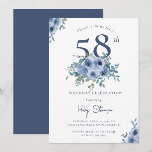 Convite Aquarela Floral Azul Empoeirado Aniversário de 58