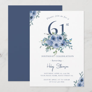 Convite Aquarela Floral Azul Empoeirado Aniversário de 61