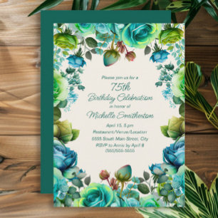 Convite Aquarela Floral Azul Verde Aniversário de 75 anos