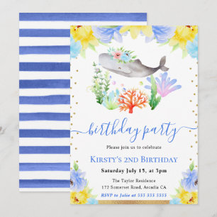 Convite Aquarela Floral Baleia Subaquática Aniversário