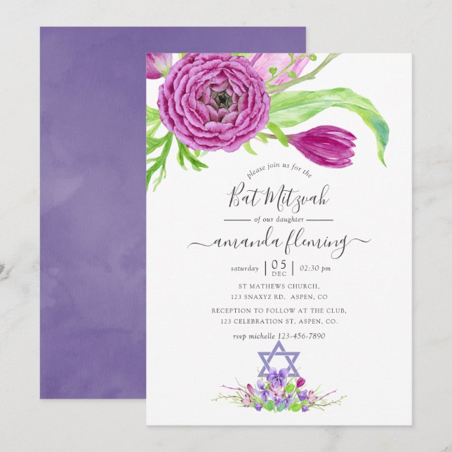 Convite Aquarela Floral Bat Mitzvah de Primavera (Frente/Verso)