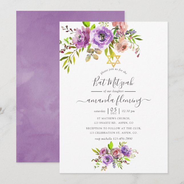 Convite Aquarela Floral Bat Mitzvah de Primavera (Frente/Verso)