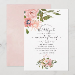 Convite Aquarela floral Bat Mitzvah Rosa e Dourado Rosa