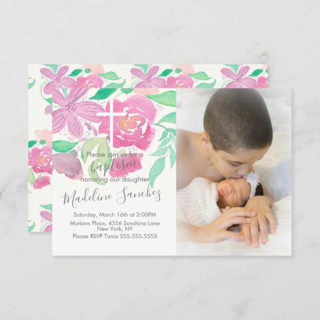 Convite Aquarela Floral Batismo Rosa (Frente/Verso)