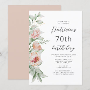 Convite Aquarela Floral Bege Rosa Aniversário de 70 anos