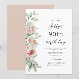 Convite Aquarela Floral Bege Rosa Aniversário de 90 Anos