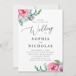 Convite Aquarela floral boho rosa. Casamento boêmio