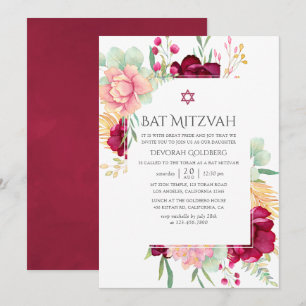 Convite Aquarela Floral Burgundy e Blush Bat Mitzvah