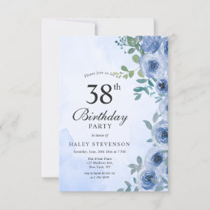 Convite Aquarela Floral Chic Azul Empoeirado Aniversário d