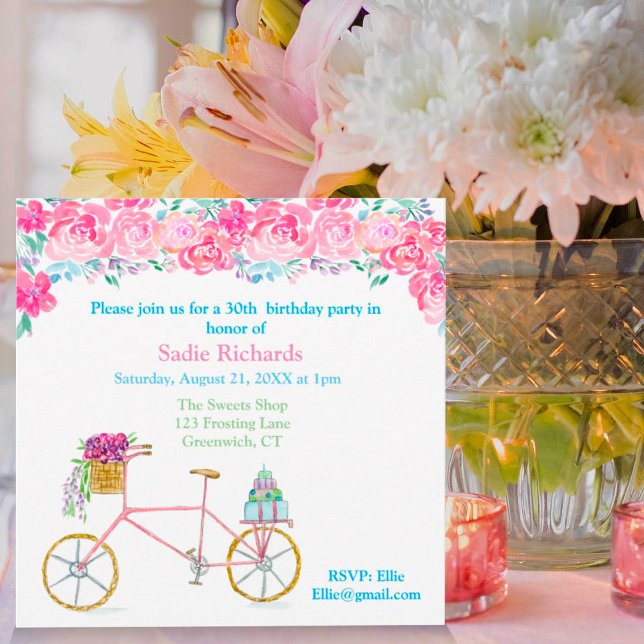 Convite Aquarela Floral Com Aniversário De Bicicleta (Criador carregado)