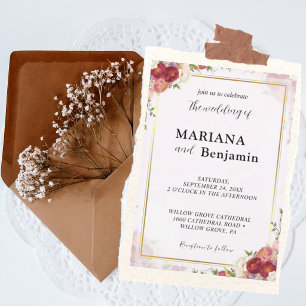 Convite Aquarela Floral com Design Rosa Pastel e Dourado