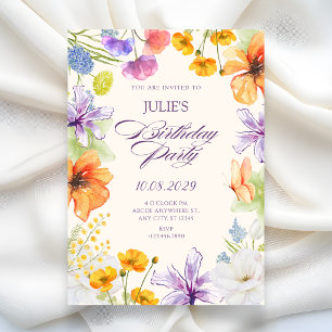 Convite Aquarela floral de aniversário