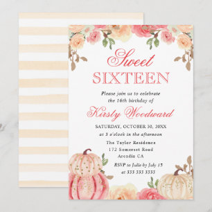 Convite Aquarela Floral de Outono Abóboras Sweet Sixteen