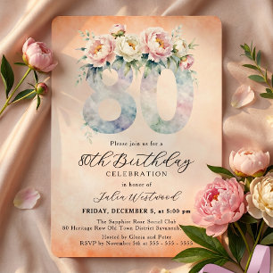 Convite Aquarela Floral de Pêssego Aniversário de 80 Anos