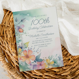 Convite Aquarela Floral de Primavera 100º Aniversário