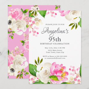 Convite Aquarela Floral de Primavera para 95º Aniversário