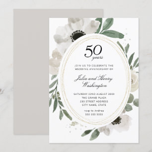 Convite Aquarela Floral Dourado 50º Aniversário de Casamen