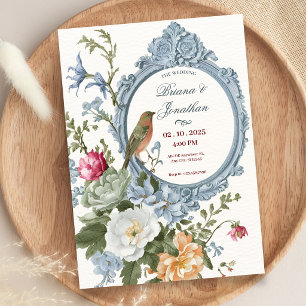 Convite Aquarela floral e moldura de pássaro artística cas