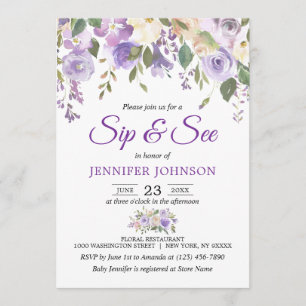 Convite Aquarela Floral Lavanda Roxo Bebê SIP & SEE