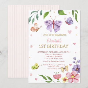 Convite Aquarela Floral Listras Borboleta Aniversário