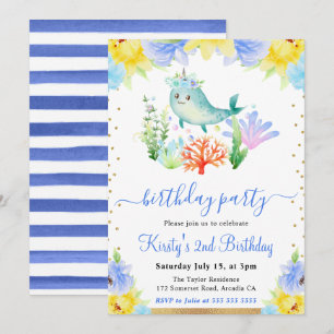 Convite Aquarela Floral Narval Subaquático Aniversário