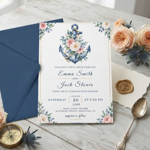 Convite Aquarela Floral Náutico Âncora Casamento