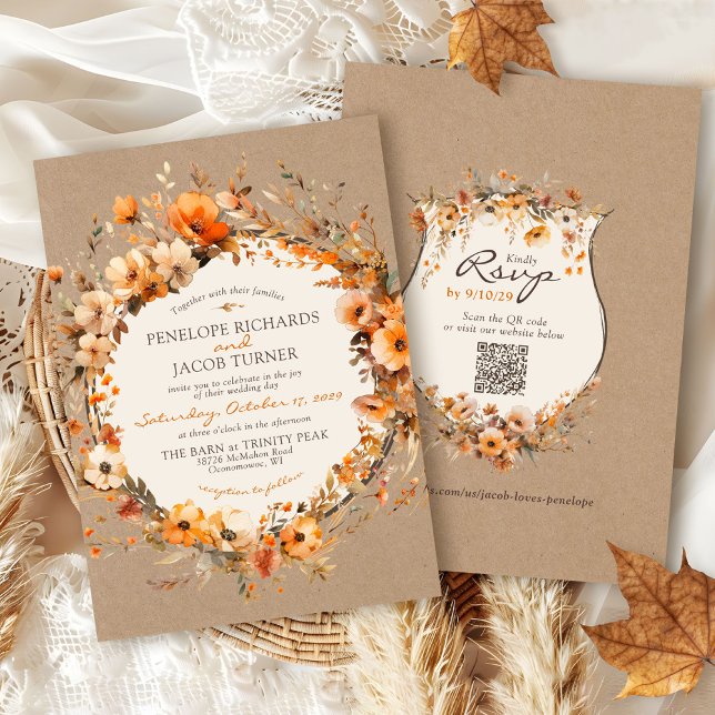 Convite Aquarela Floral Outonal Rústico Kraft Casamento de (Elegant Fall floral rustic kraft modern watercolor flowers boho chic Autumn ivory wedding invitation)
