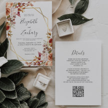 Aquarela Floral Outono Código QR Dourado Casamento