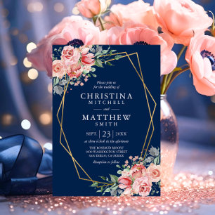 Convite Aquarela Floral Rosa Bege Azul Marinho Casamento