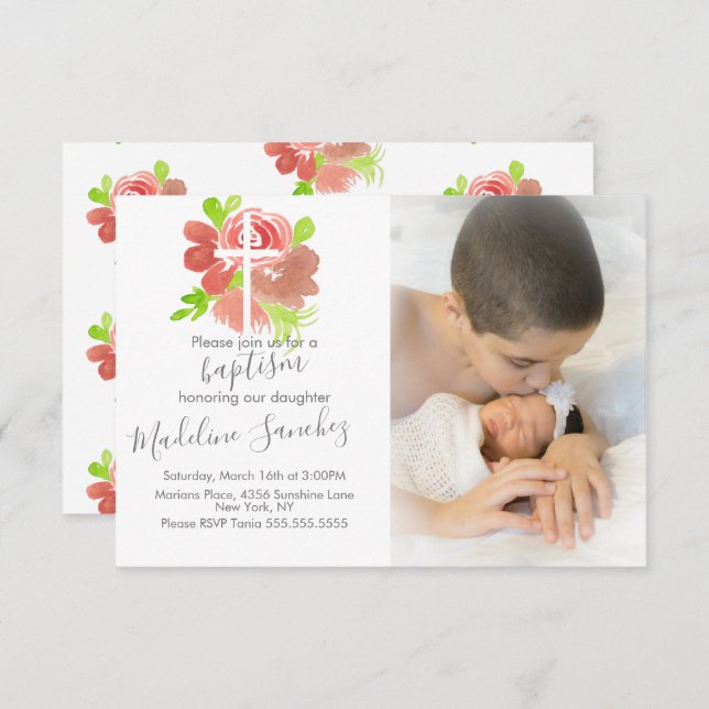 Convite Aquarela Floral Rosa Blush Baptism Dedicação (Frente/Verso)
