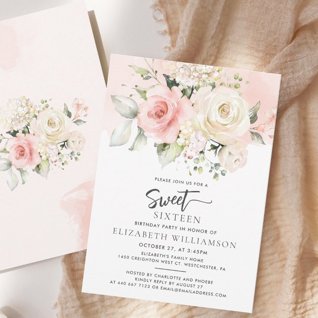 Convite Aquarela Floral Rosa Doce 16 (Pink Floral Elegant Sweet Sixteen Script Modern Watercolor 16th Birthday Party Invitation)