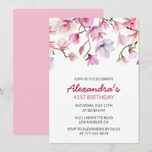 Convite Aquarela Floral Rosa Elegante Aniversário de 41 an