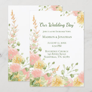 Convite Aquarela Floral Rosa Elegante Chique Verde Script