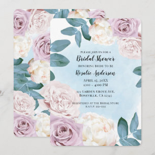 Convite Aquarela Floral Rosa Poeira Marfim Azul Casamento