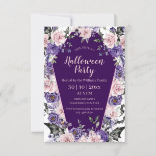 Convite aquarela floral rosa roxo túmulo halloween