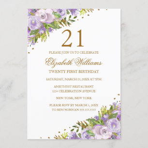 Convite Aquarela Floral Roxo Dourado Aniversário de 21 Ano