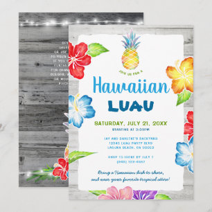 Convite Aquarela Floral Rústica Tropical Havaiana Luau