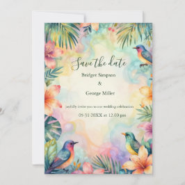 Convite Aquarela floral tropical pássaros Havaí casamento