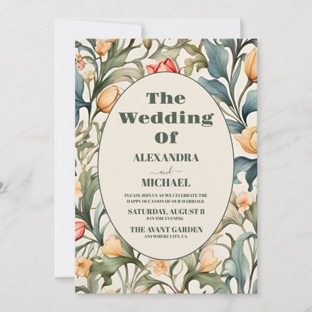Convite Aquarela Floral Tulipas Casamento William Morris (Frente)