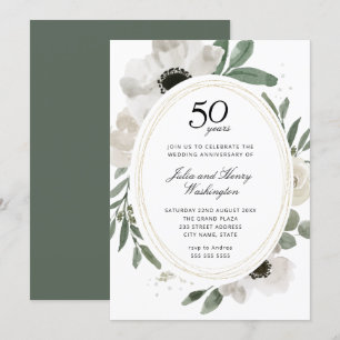 Convite Aquarela Floral Verde Aniversário de 50 Anos de Ca