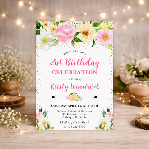 Convite Aquarela Flores Amarelas e Rosas Aniversário de 21